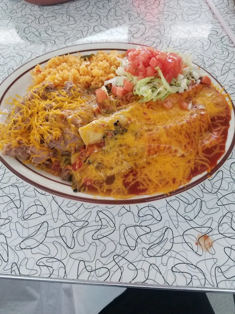Beef Enchilada Plate with Red and Green Chile