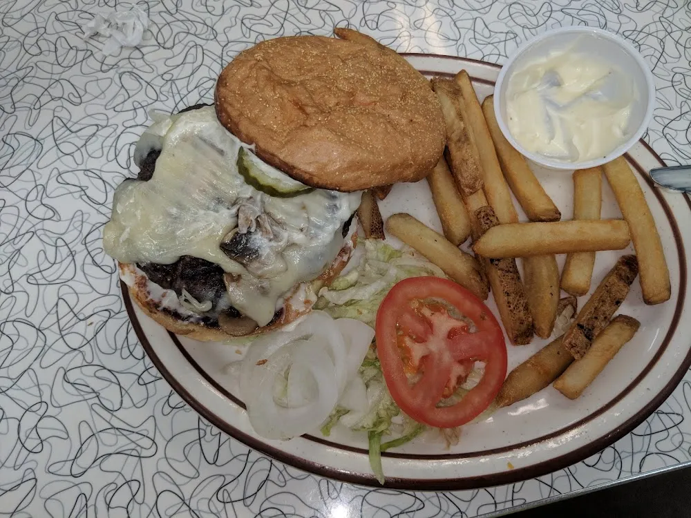 Mushroom Swiss Burger and Fries